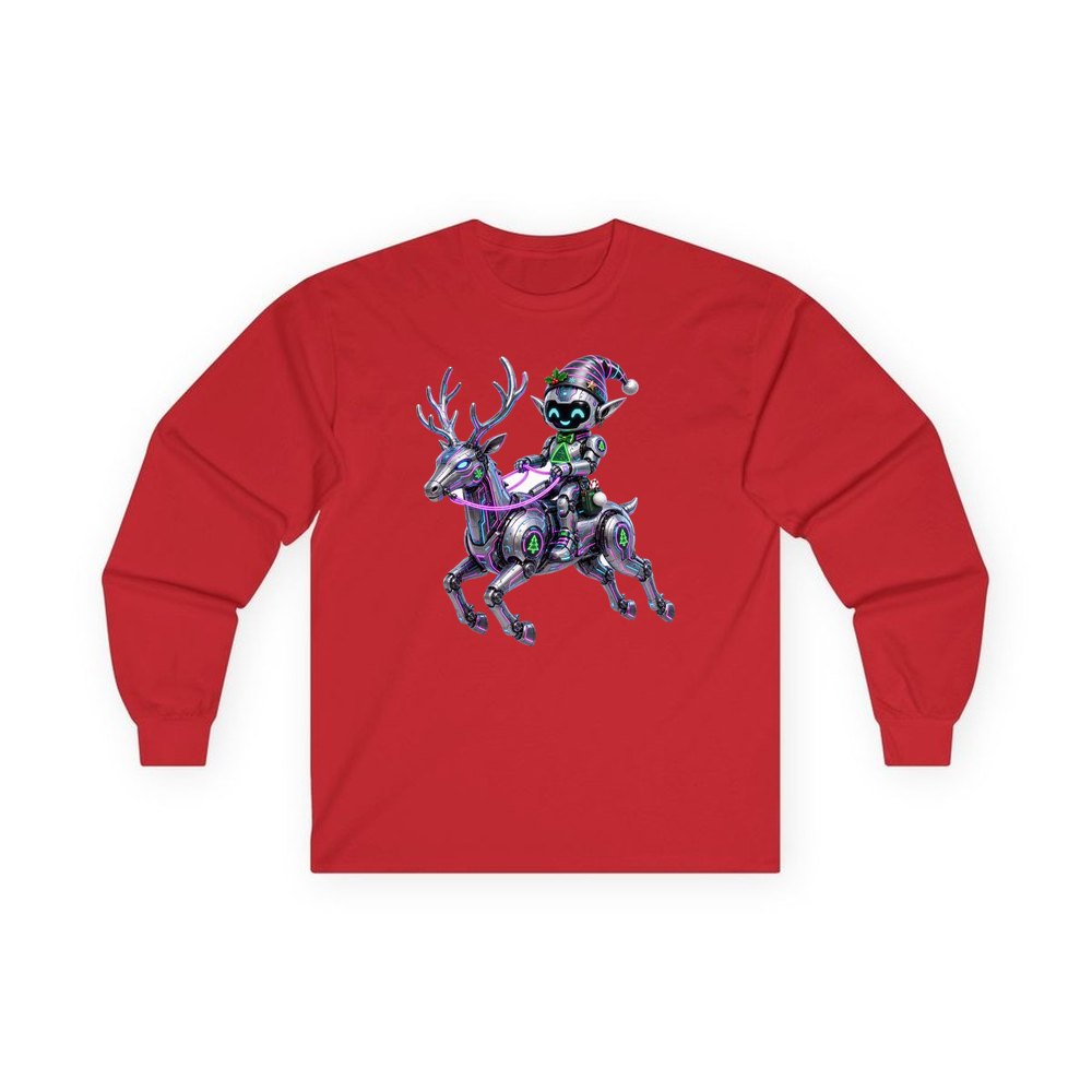 Robot Elf Riding Shotgun personalised long sleeve Christmas T-shirt in red