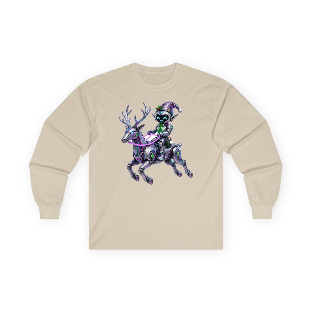Robot Elf Riding Shotgun personalised long sleeve Christmas T-shirt in sand