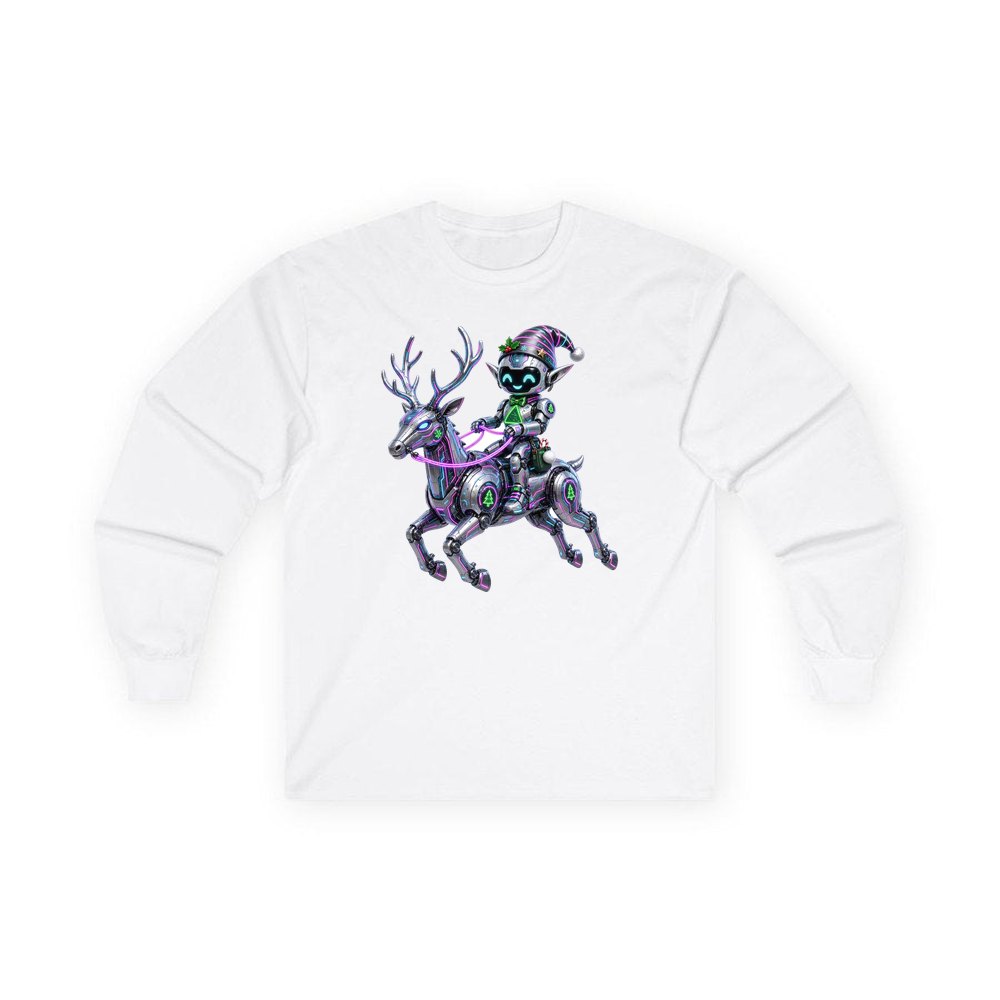 Robot Elf Riding Shotgun personalised long sleeve Christmas T-shirt in white
