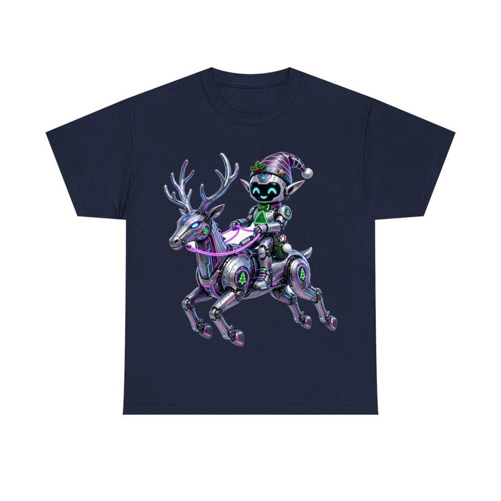 Robot Elf Riding Shotgun personalised Christmas T-shirt in navy