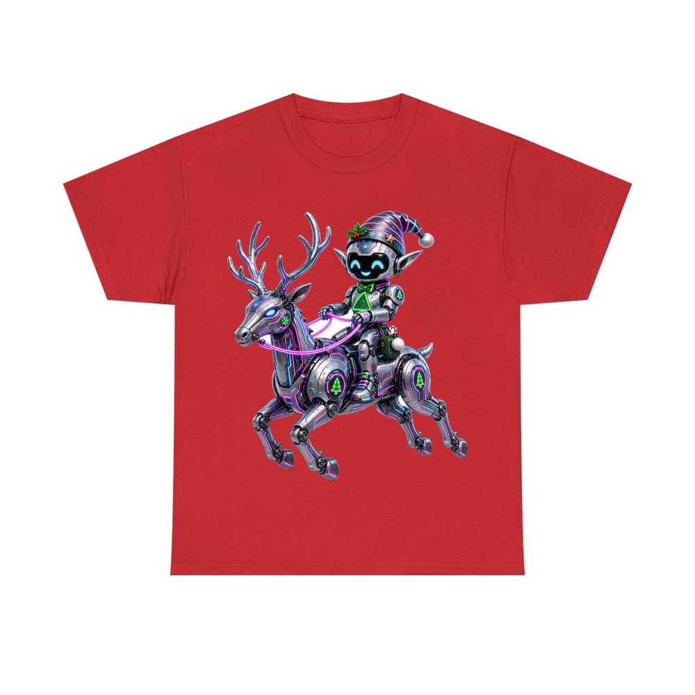 Robot Elf Riding Shotgun personalised Christmas T-shirt in red