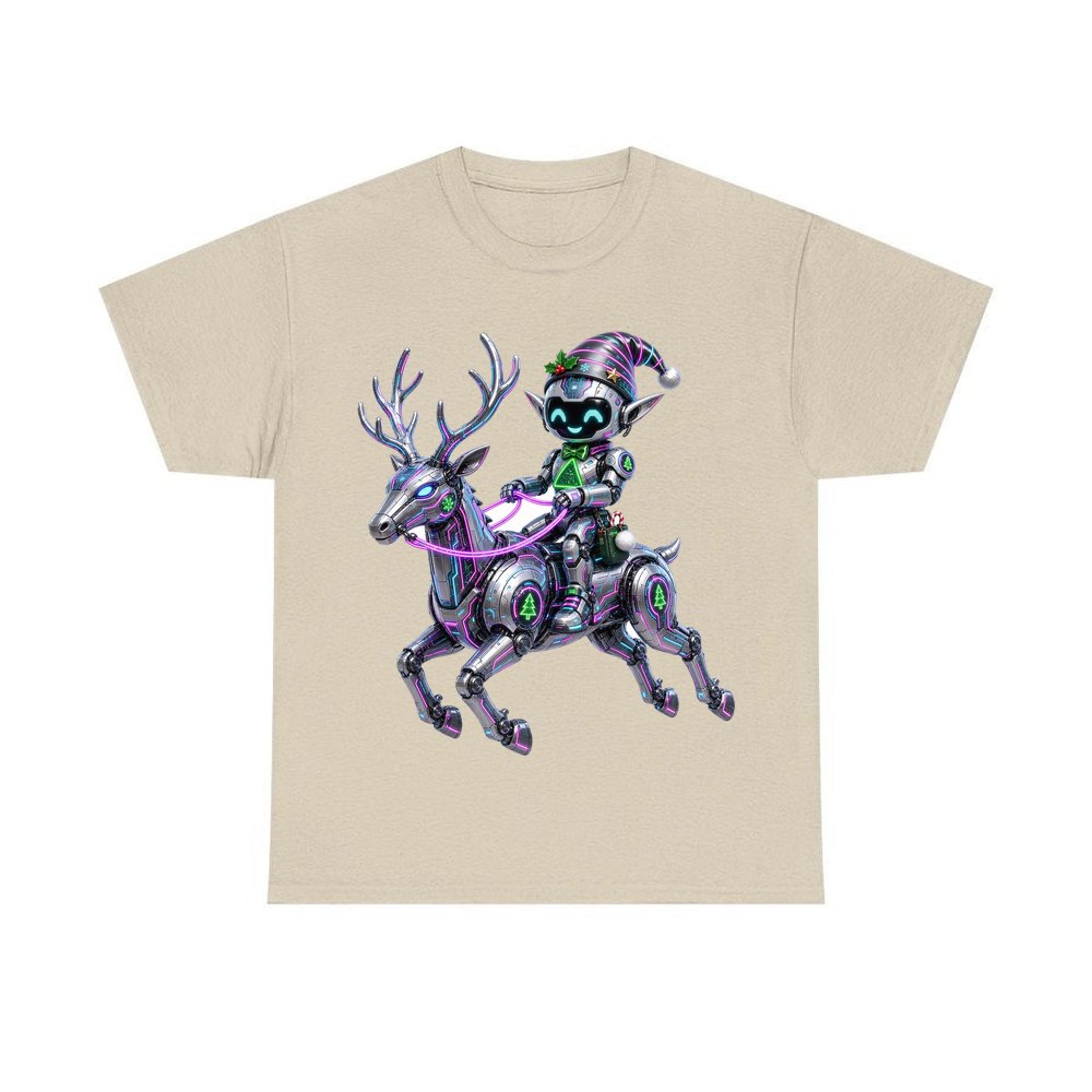 Robot Elf Riding Shotgun personalised Christmas T-shirt in sand