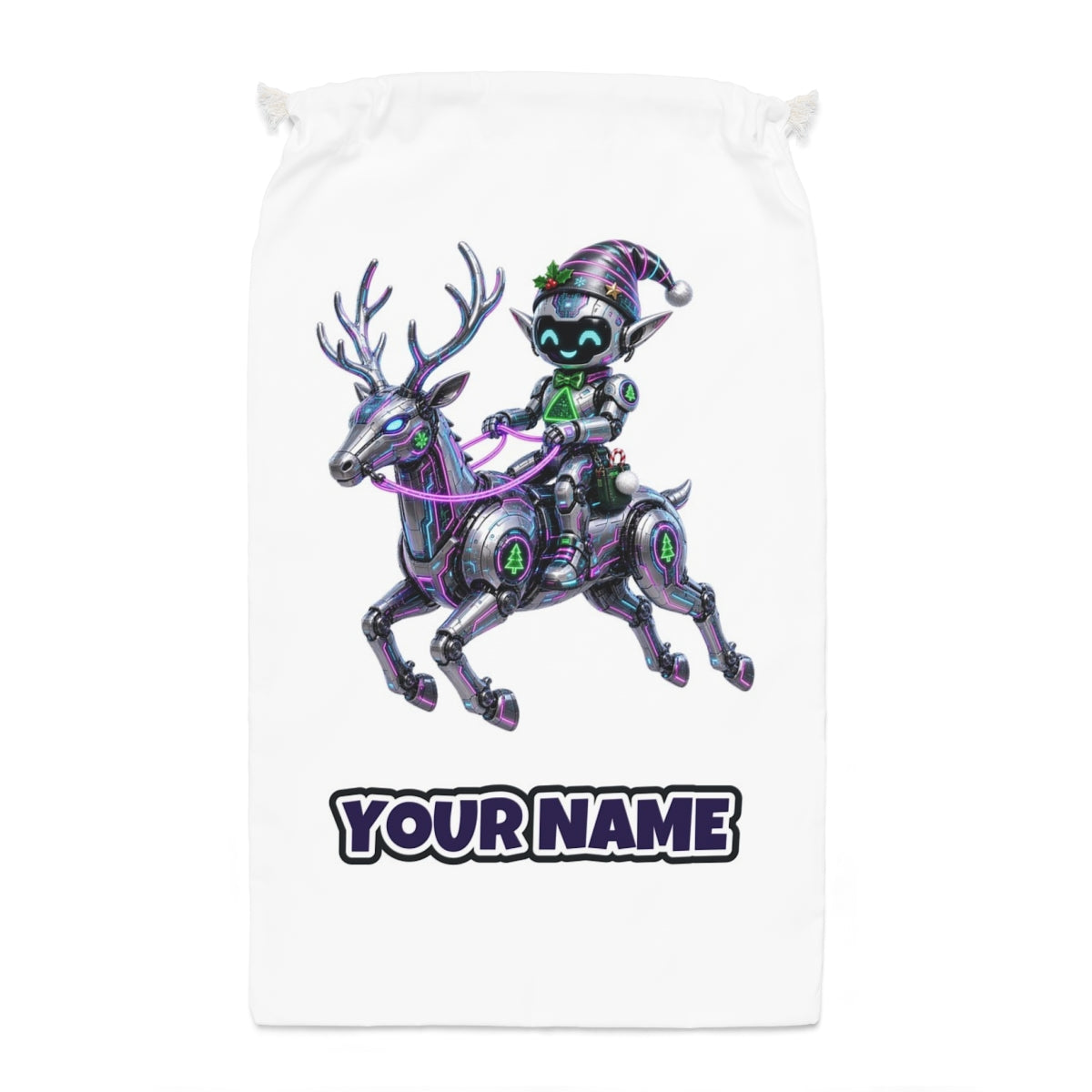 Robot Elf Riding Shotgun Santa sack laid flat, showing the full print