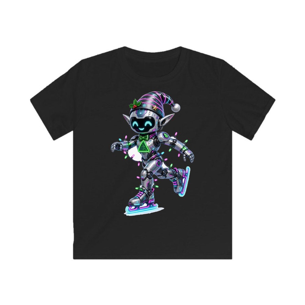 Robot Elf Skating personalised kids Christmas tee in black