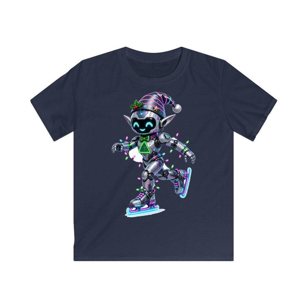 Robot Elf Skating personalised kids Christmas tee in navy