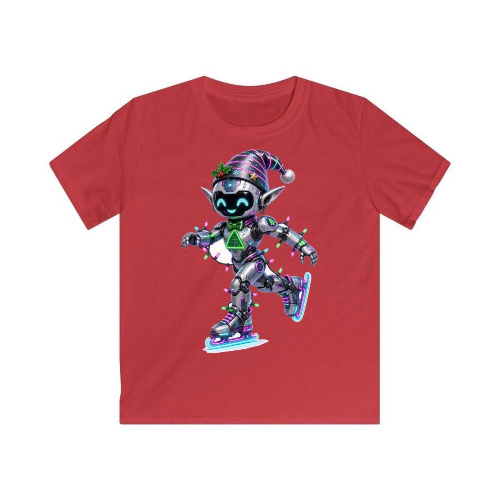 Robot Elf Skating personalised kids Christmas tee in red