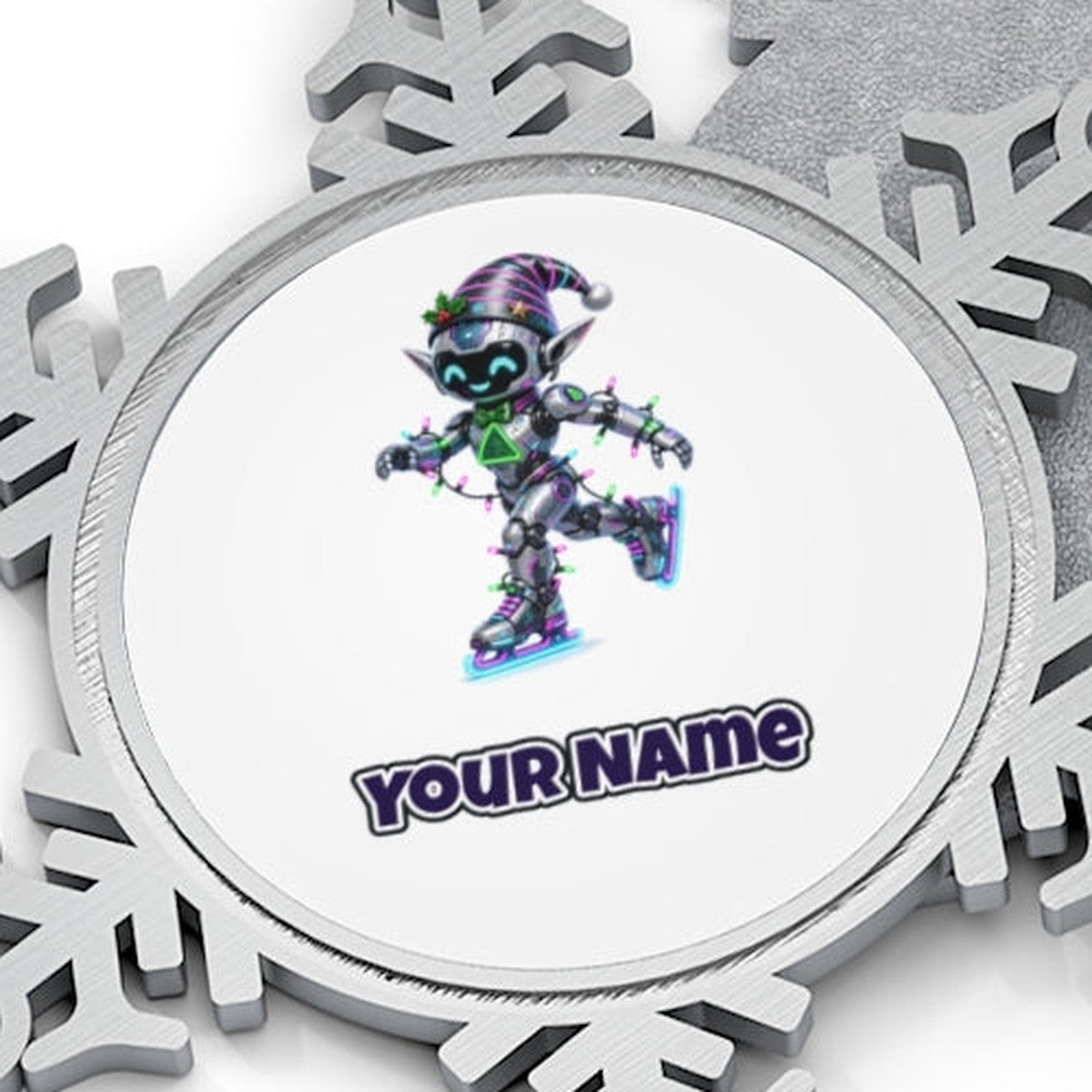 Robot Elf Skating Personalised Pewter Christmas Ornament