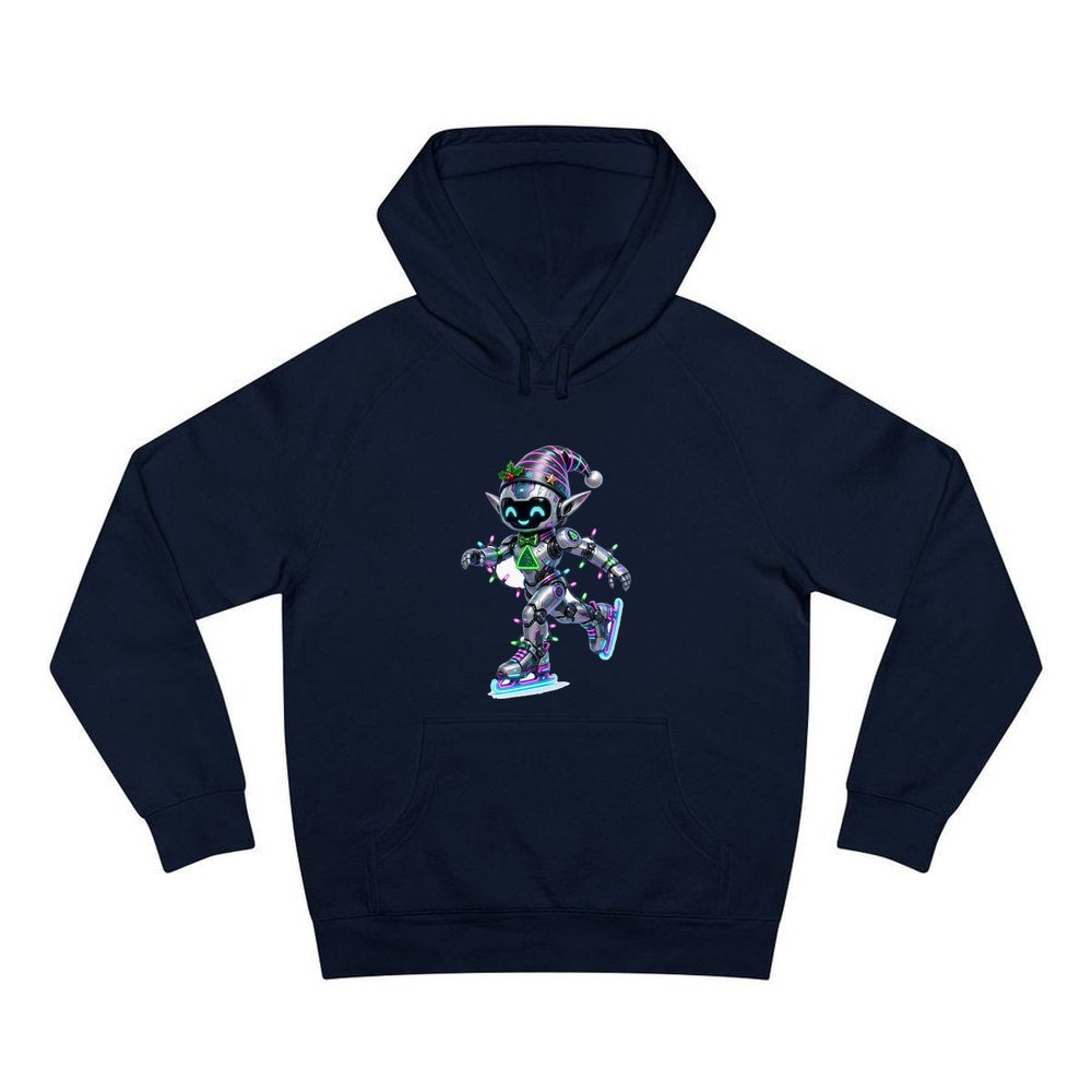Robot Elf Skating personalised Christmas hoodie in navy