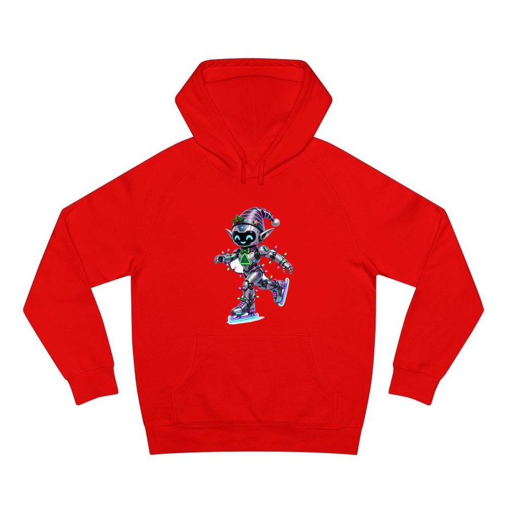 Robot Elf Skating personalised Christmas hoodie in red
