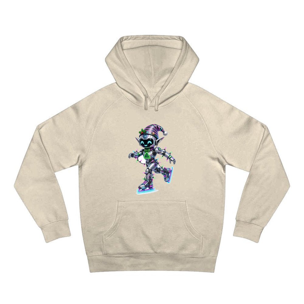 Robot Elf Skating personalised Christmas hoodie in sand