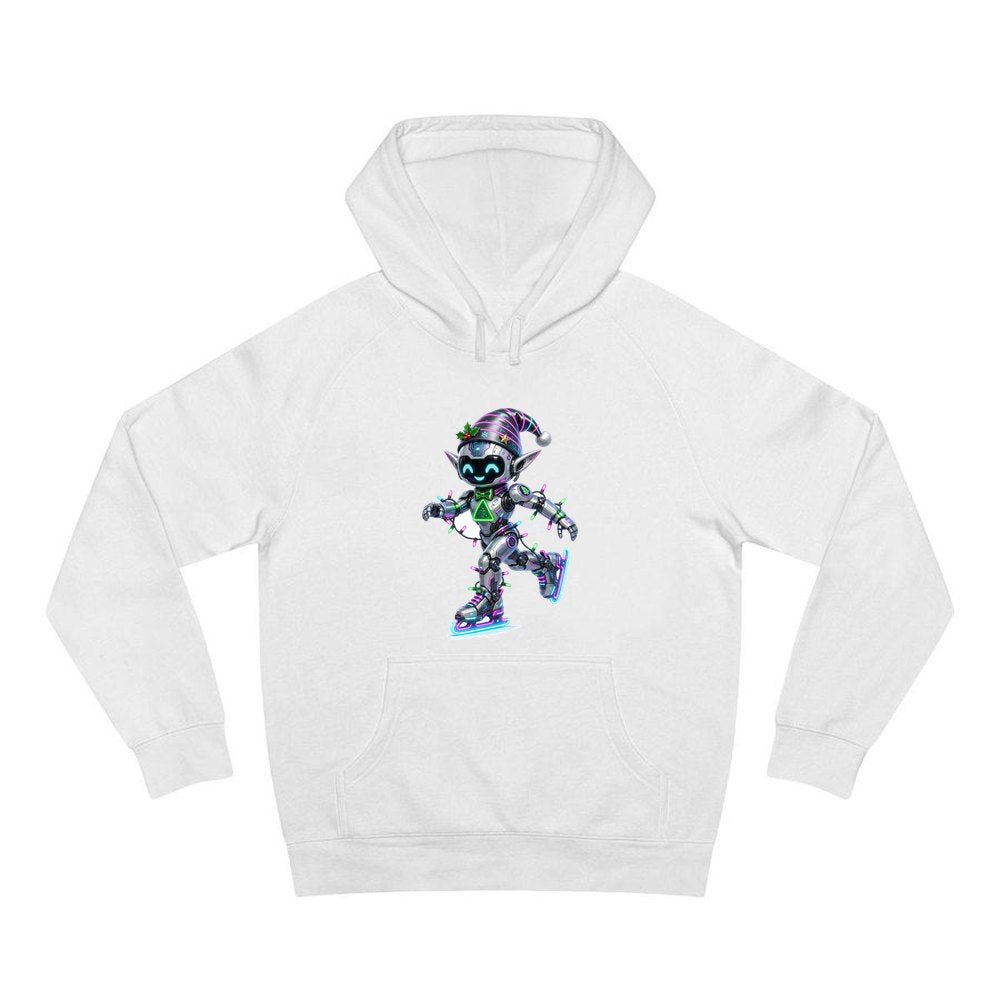 Robot Elf Skating personalised Christmas hoodie in white