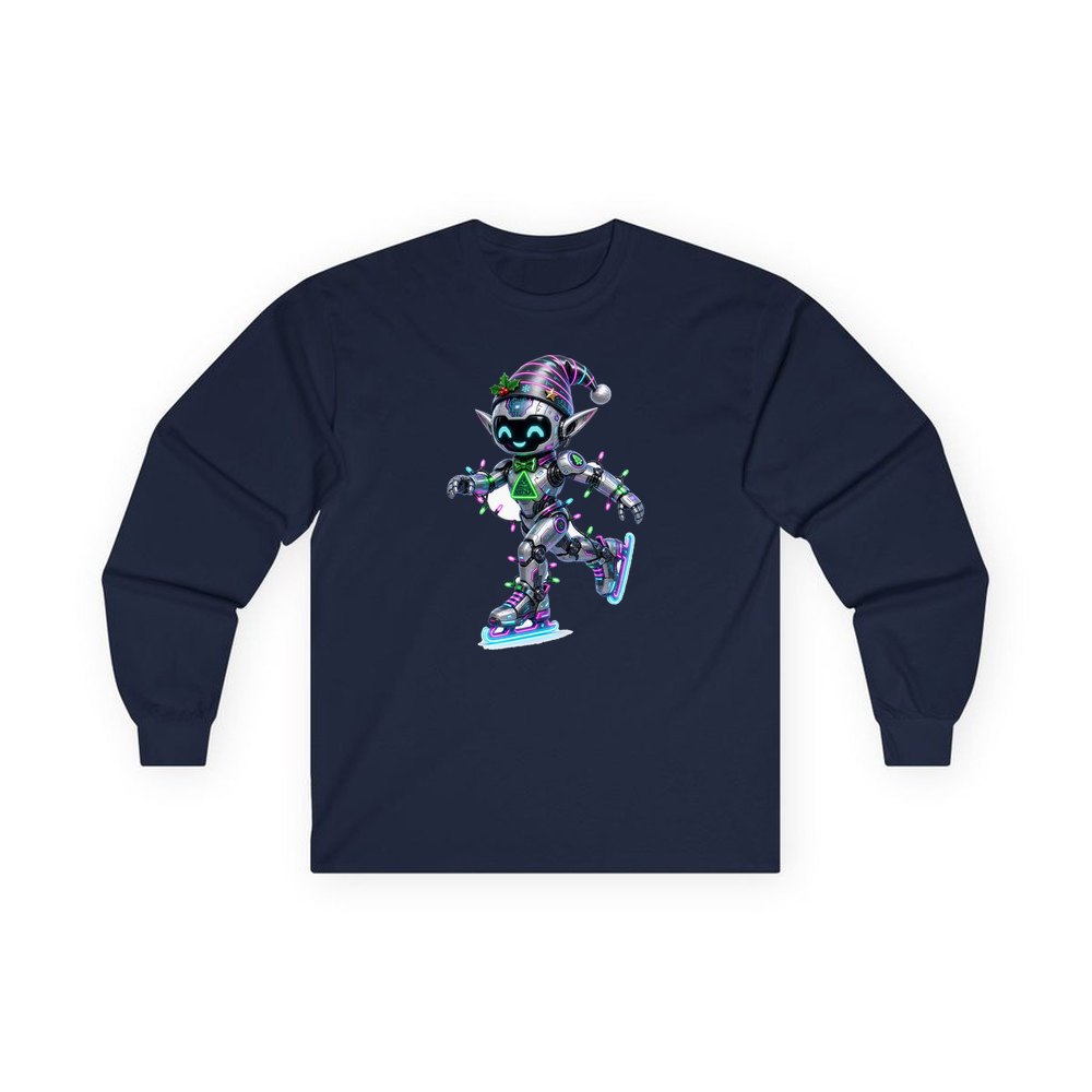 Robot Elf Skating personalised long sleeve Christmas T-shirt in navy