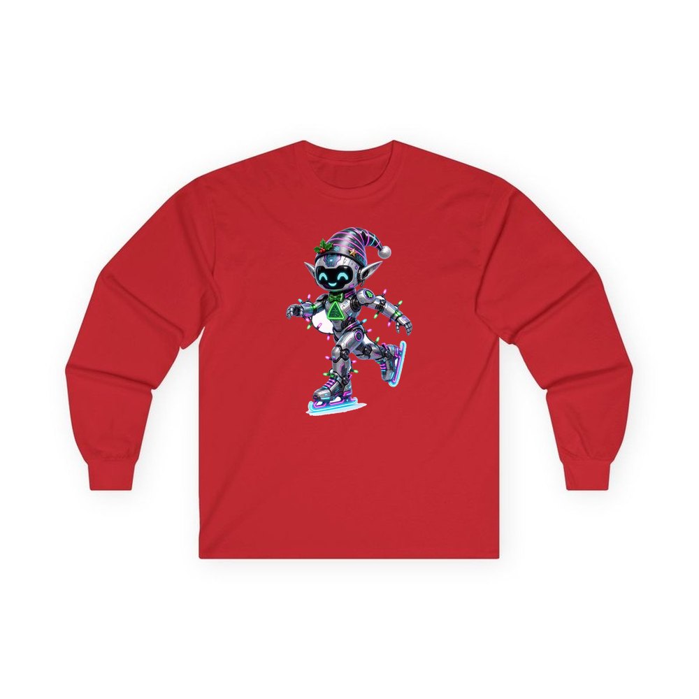 Robot Elf Skating personalised long sleeve Christmas T-shirt in red