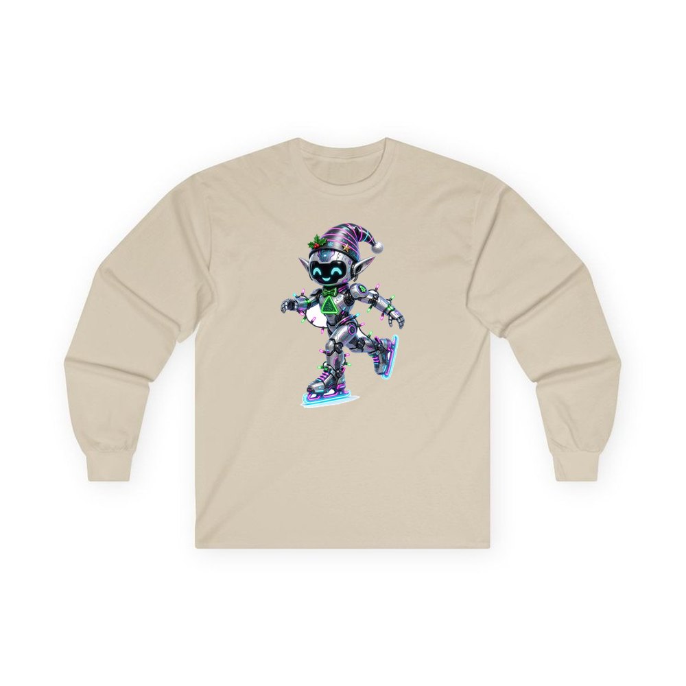 Robot Elf Skating personalised long sleeve Christmas T-shirt in sand