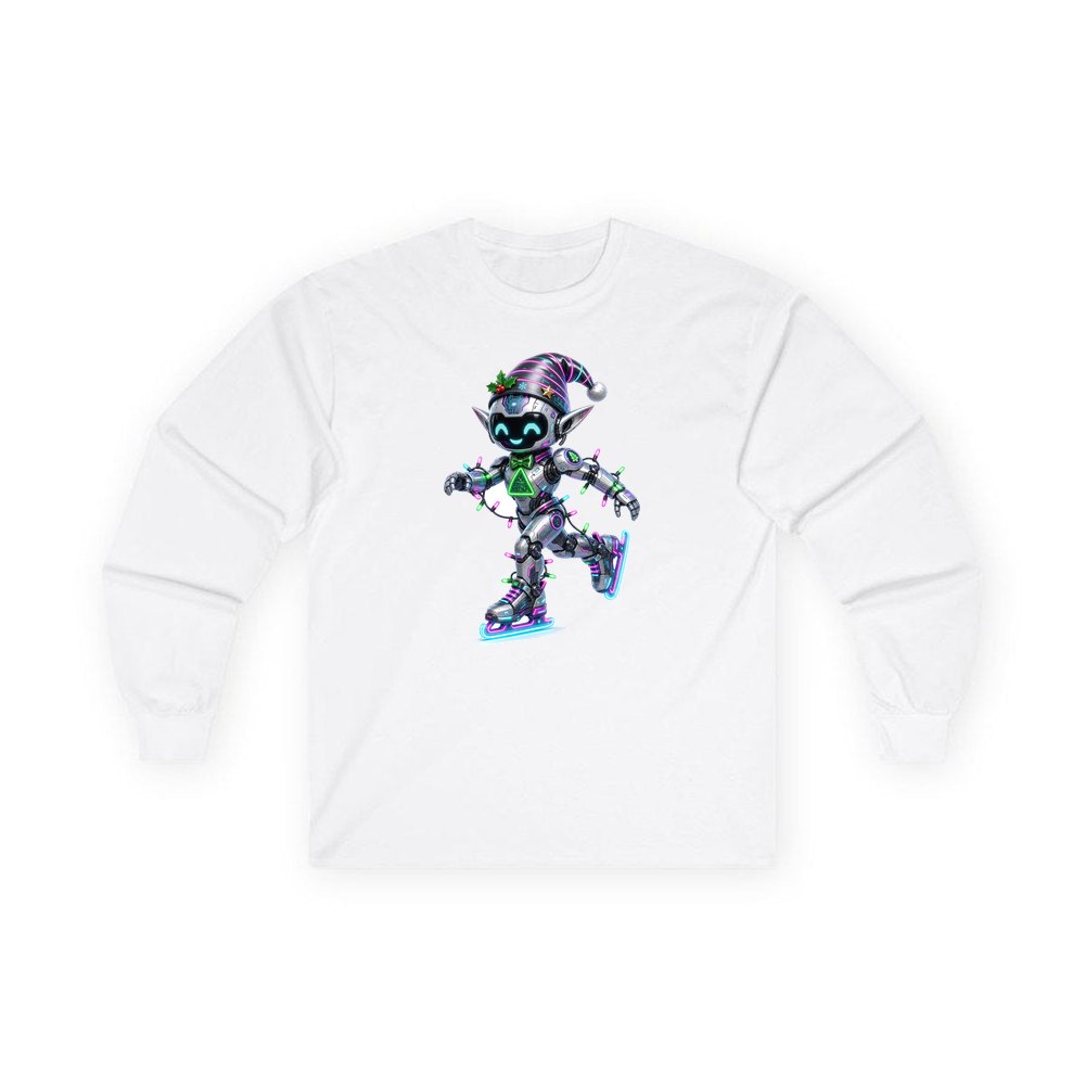 Robot Elf Skating personalised long sleeve Christmas T-shirt in white