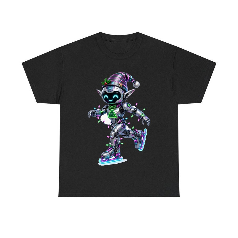 Robot Elf Skating personalised Christmas T-shirt in black