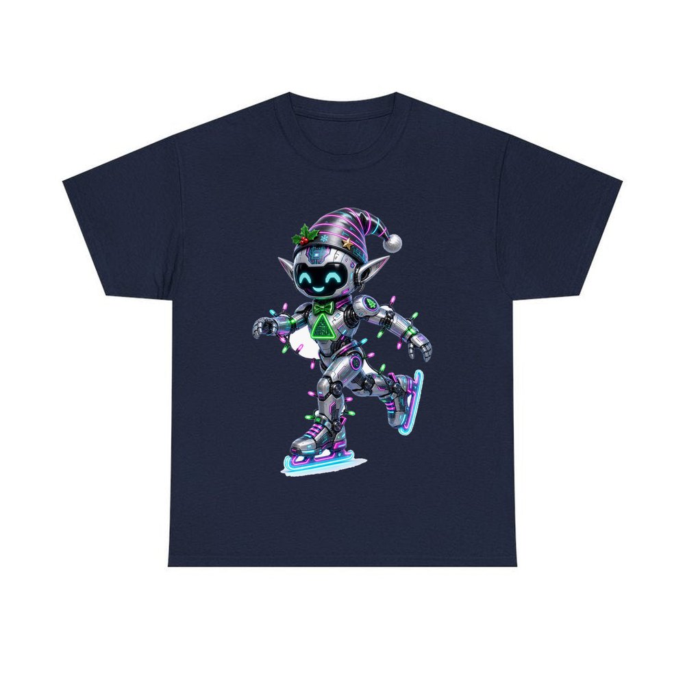 Robot Elf Skating personalised Christmas T-shirt in navy