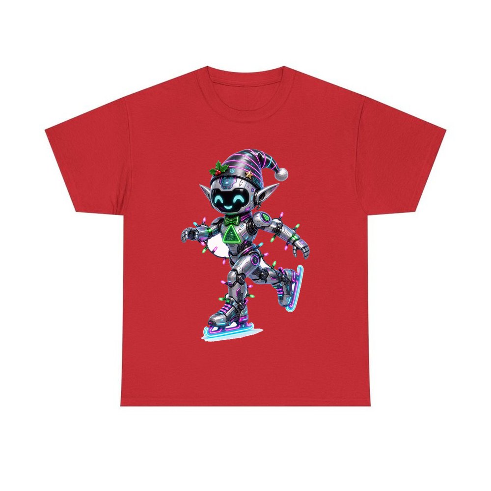 Robot Elf Skating personalised Christmas T-shirt in red