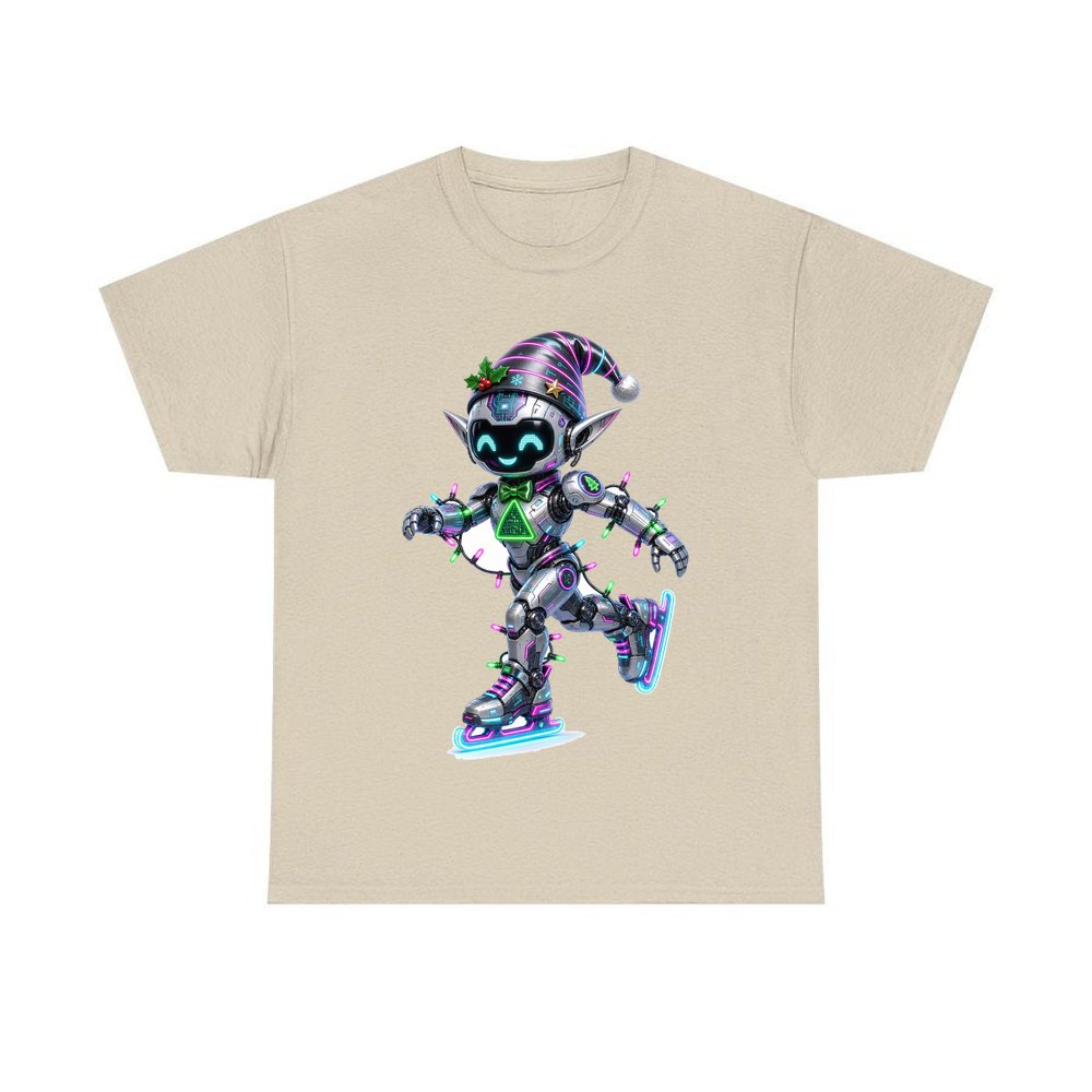 Robot Elf Skating personalised Christmas T-shirt in sand