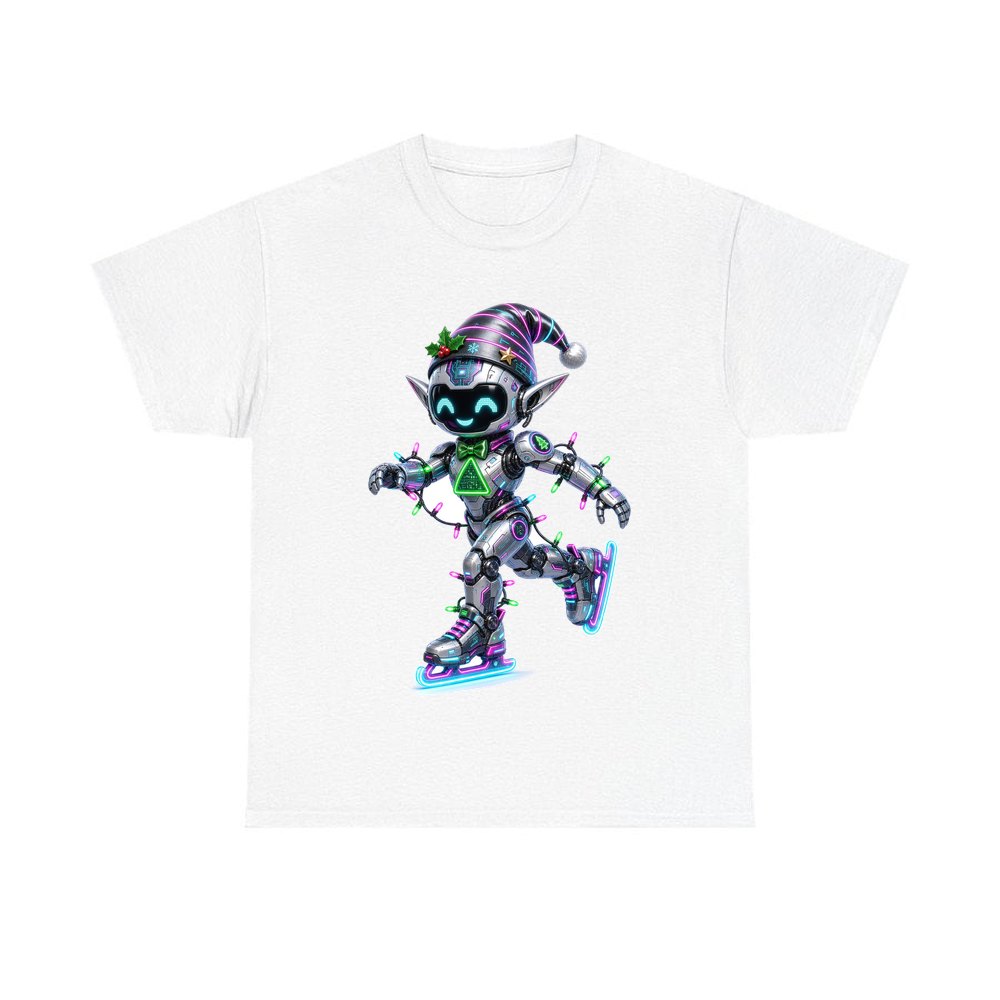 Robot Elf Skating personalised Christmas T-shirt in white