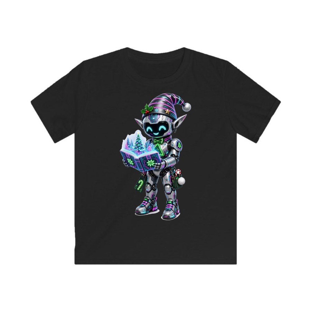 Robot Elf Story Time personalised kids Christmas tee in black