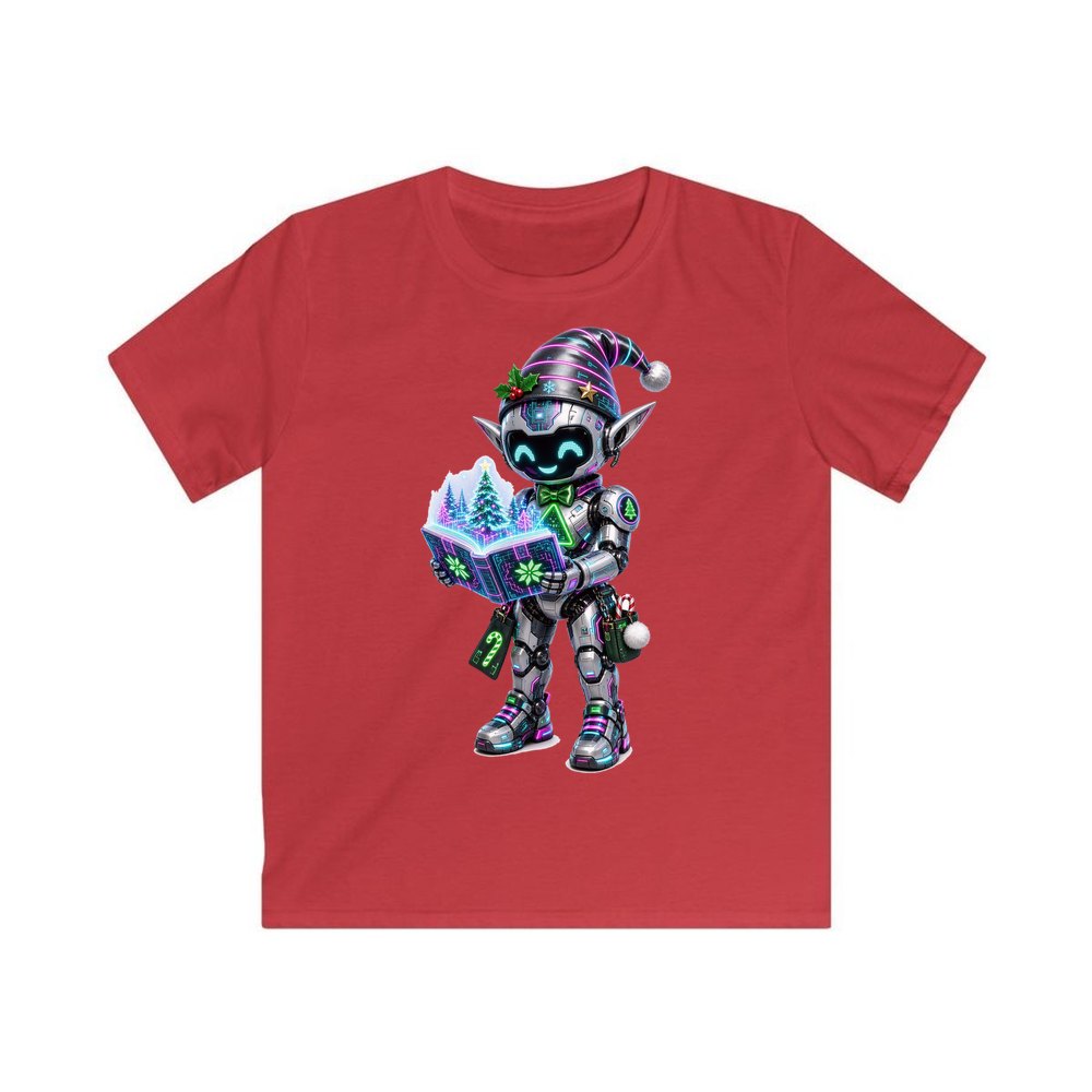 Robot Elf Story Time personalised kids Christmas tee in red