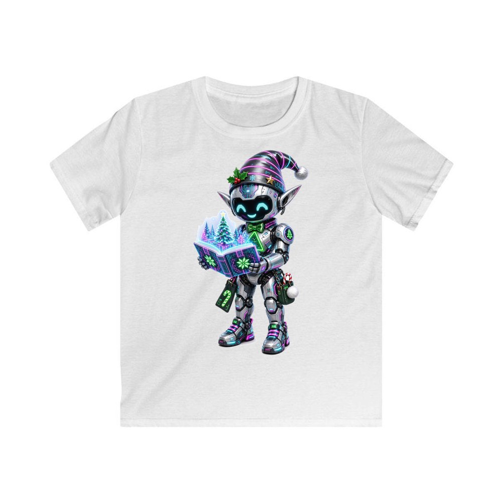 Robot Elf Story Time personalised kids Christmas tee in white