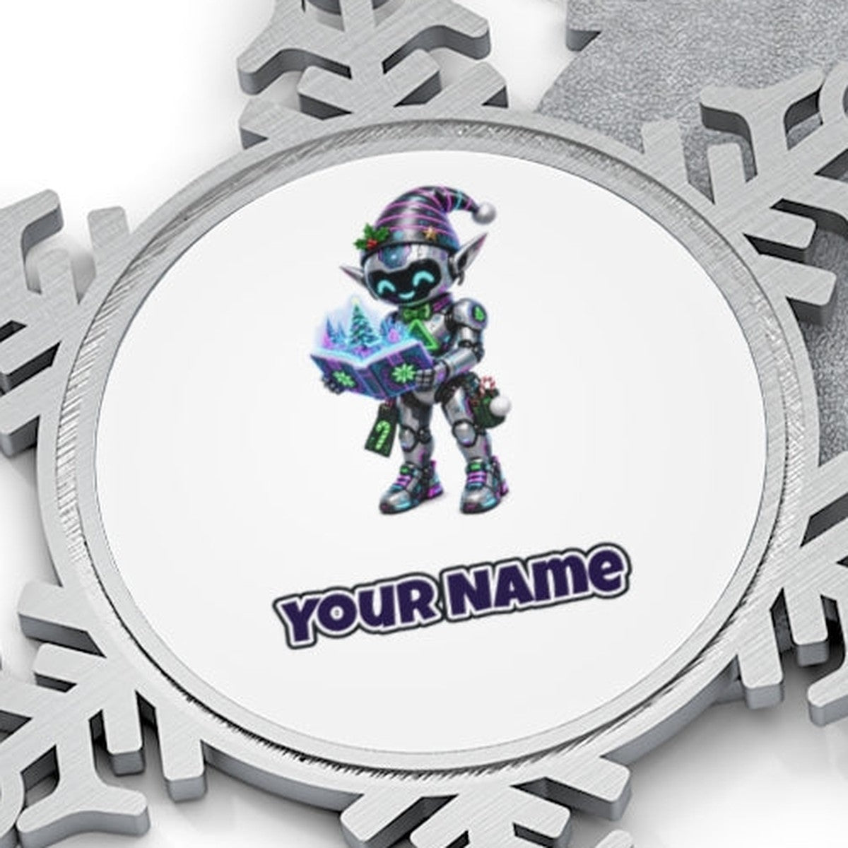 Robot Elf Story Time Personalised Pewter Christmas Ornament