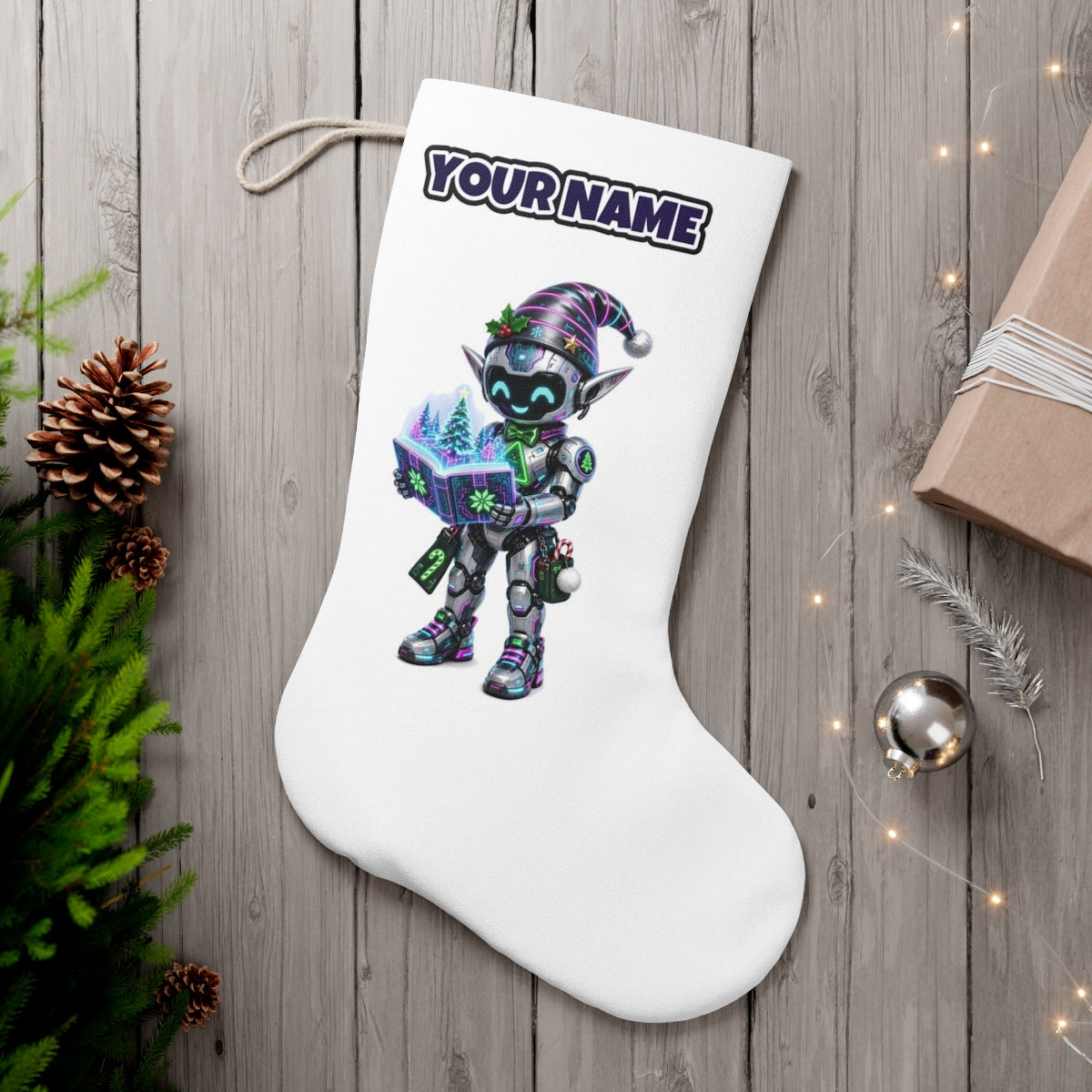 Robot Elf Story Time personalised Christmas stocking, white, with the name across the top