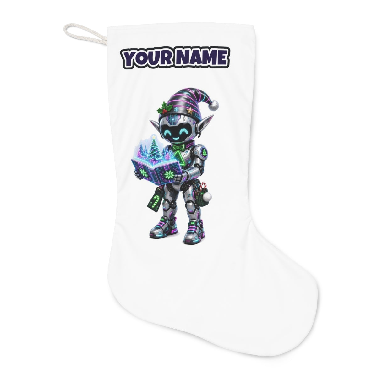 Robot Elf Story Time Christmas stocking laid flat, showing the full print