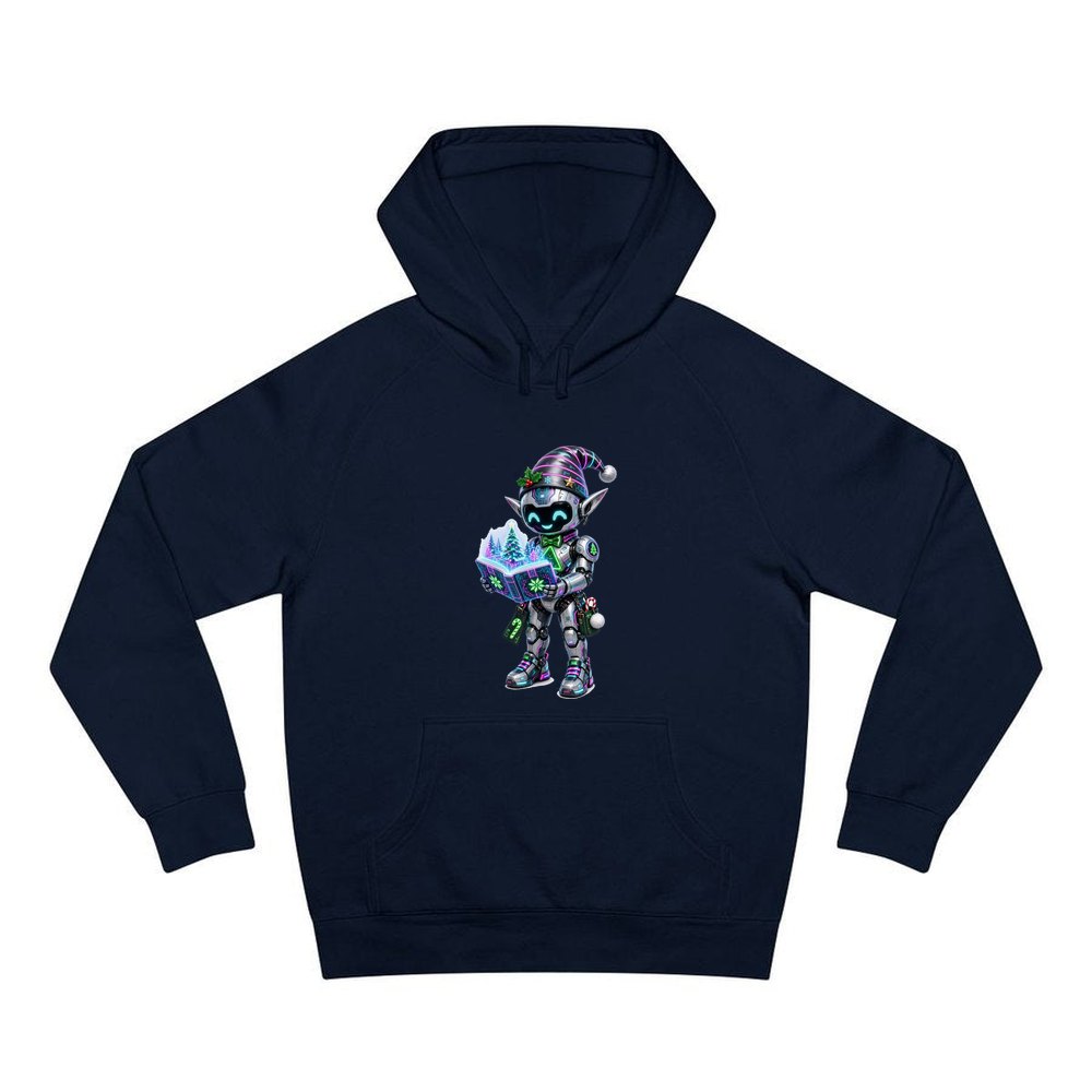 Robot Elf Story Time personalised Christmas hoodie in navy