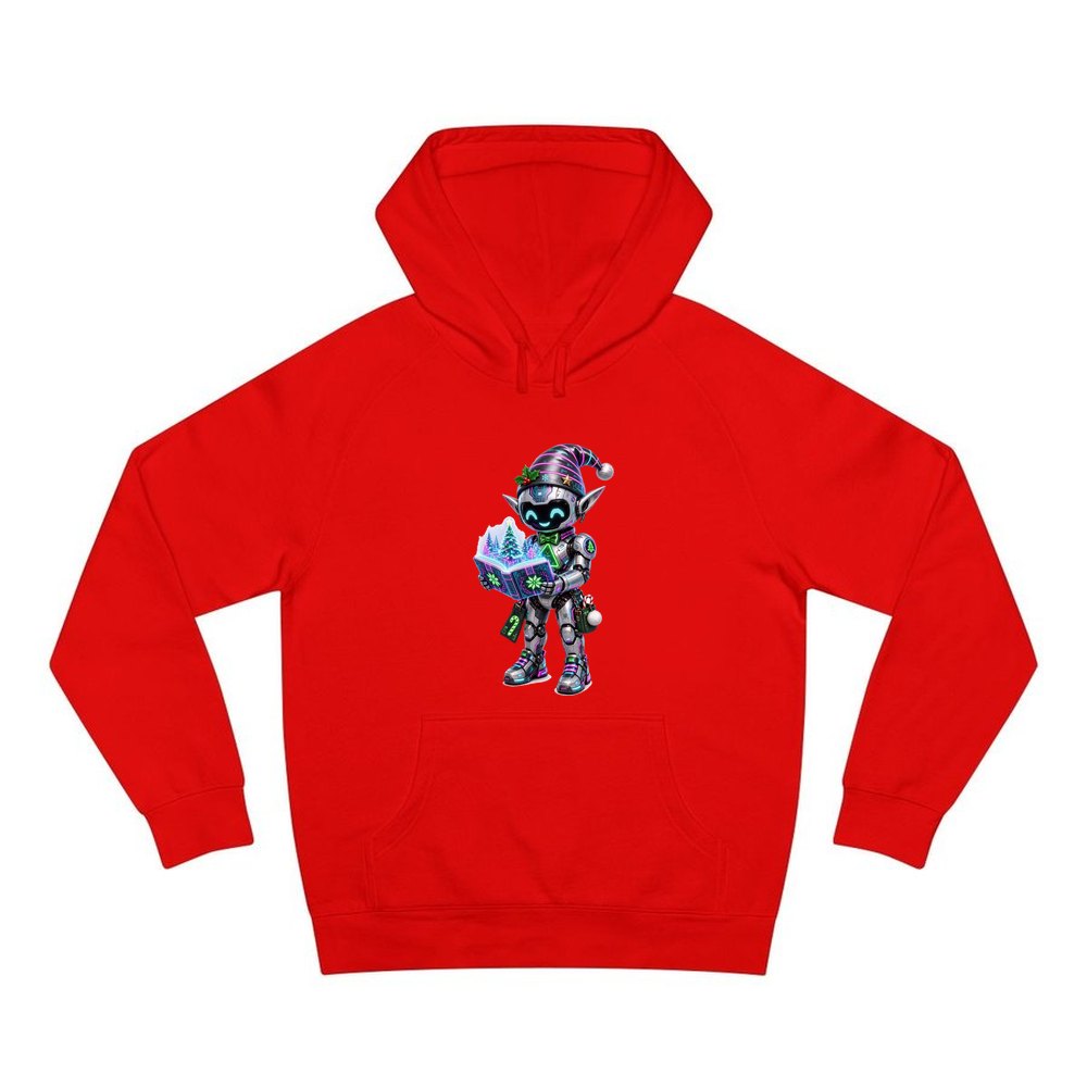 Robot Elf Story Time personalised Christmas hoodie in red
