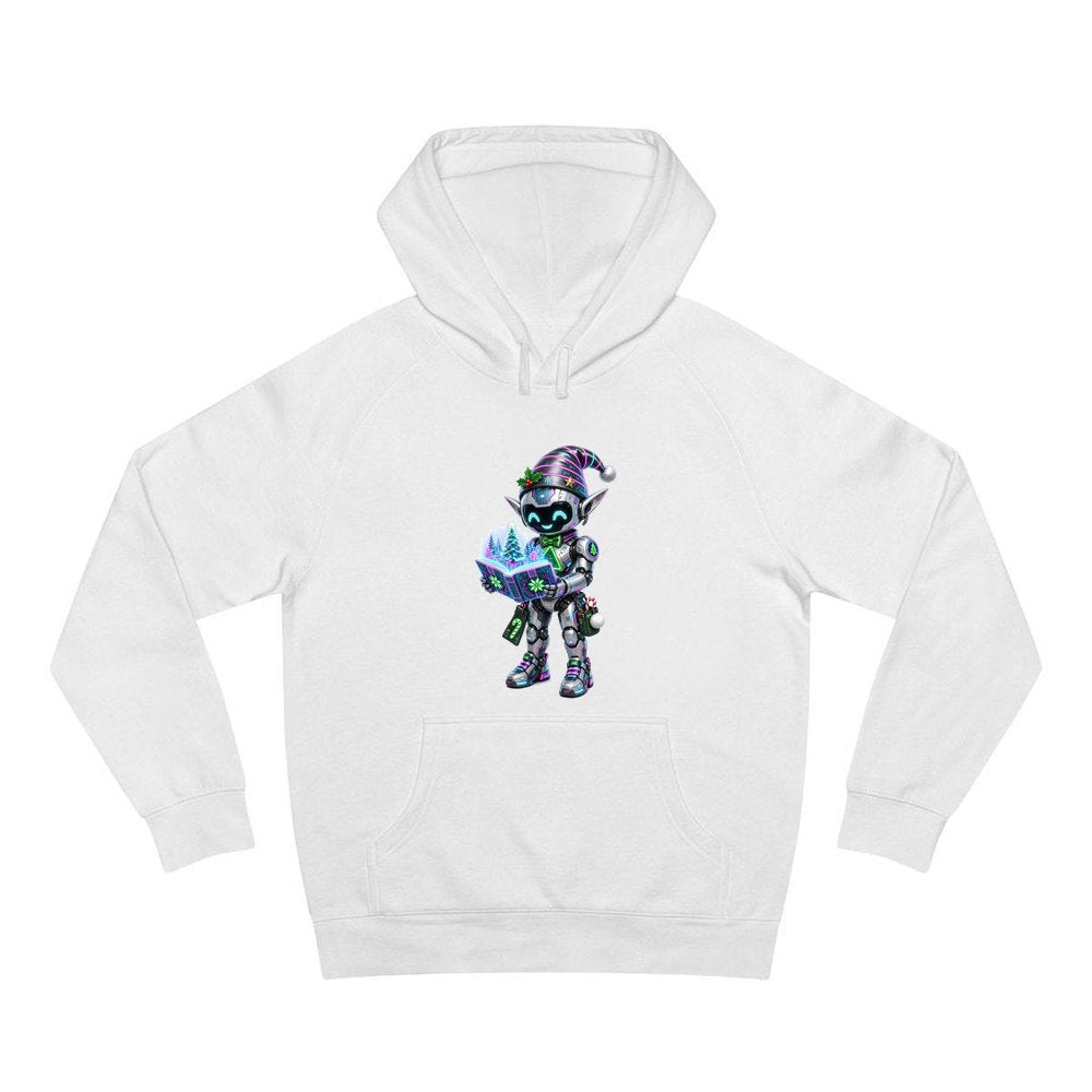 Robot Elf Story Time personalised Christmas hoodie in white