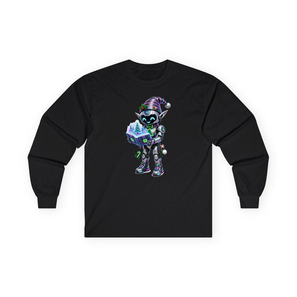 Robot Elf Story Time personalised long sleeve Christmas T-shirt in black