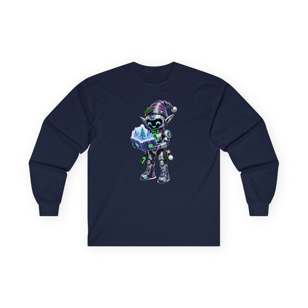 Robot Elf Story Time personalised long sleeve Christmas T-shirt in navy