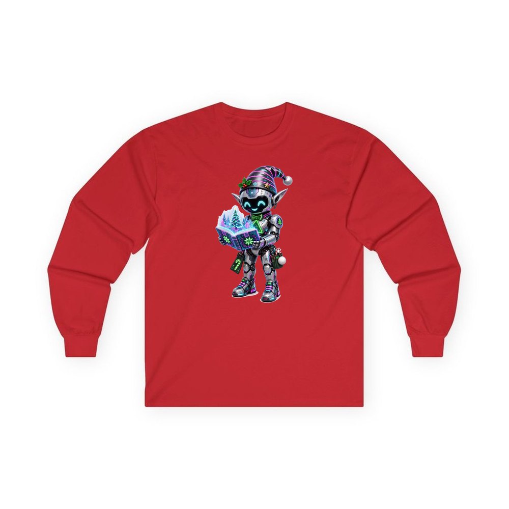 Robot Elf Story Time personalised long sleeve Christmas T-shirt in red