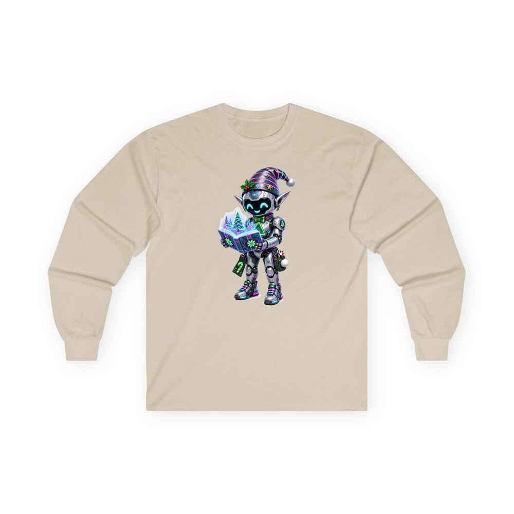 Robot Elf Story Time personalised long sleeve Christmas T-shirt in sand