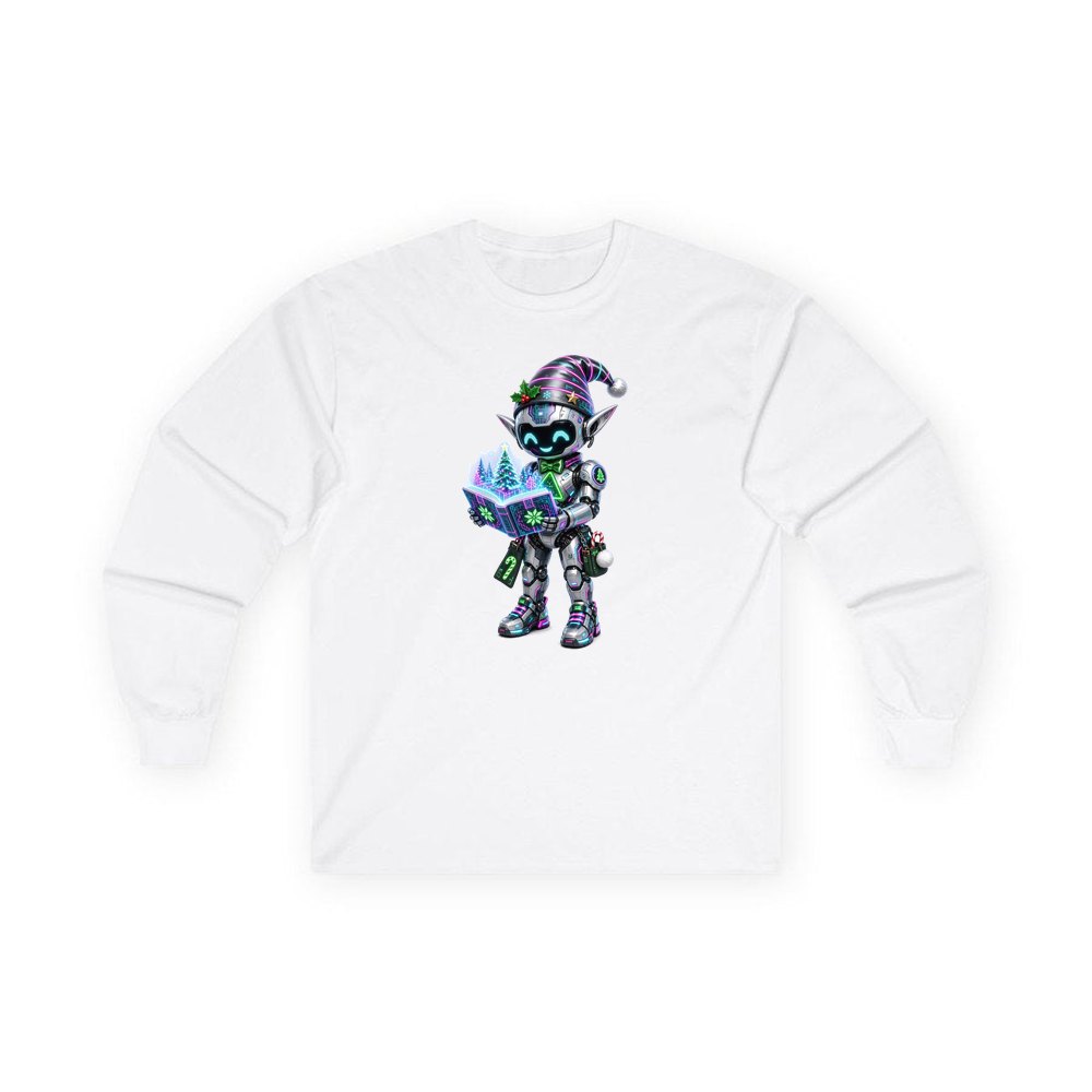 Robot Elf Story Time personalised long sleeve Christmas T-shirt in white