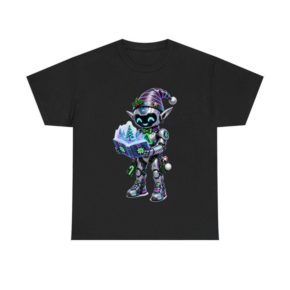 Robot Elf Story Time personalised Christmas T-shirt in black