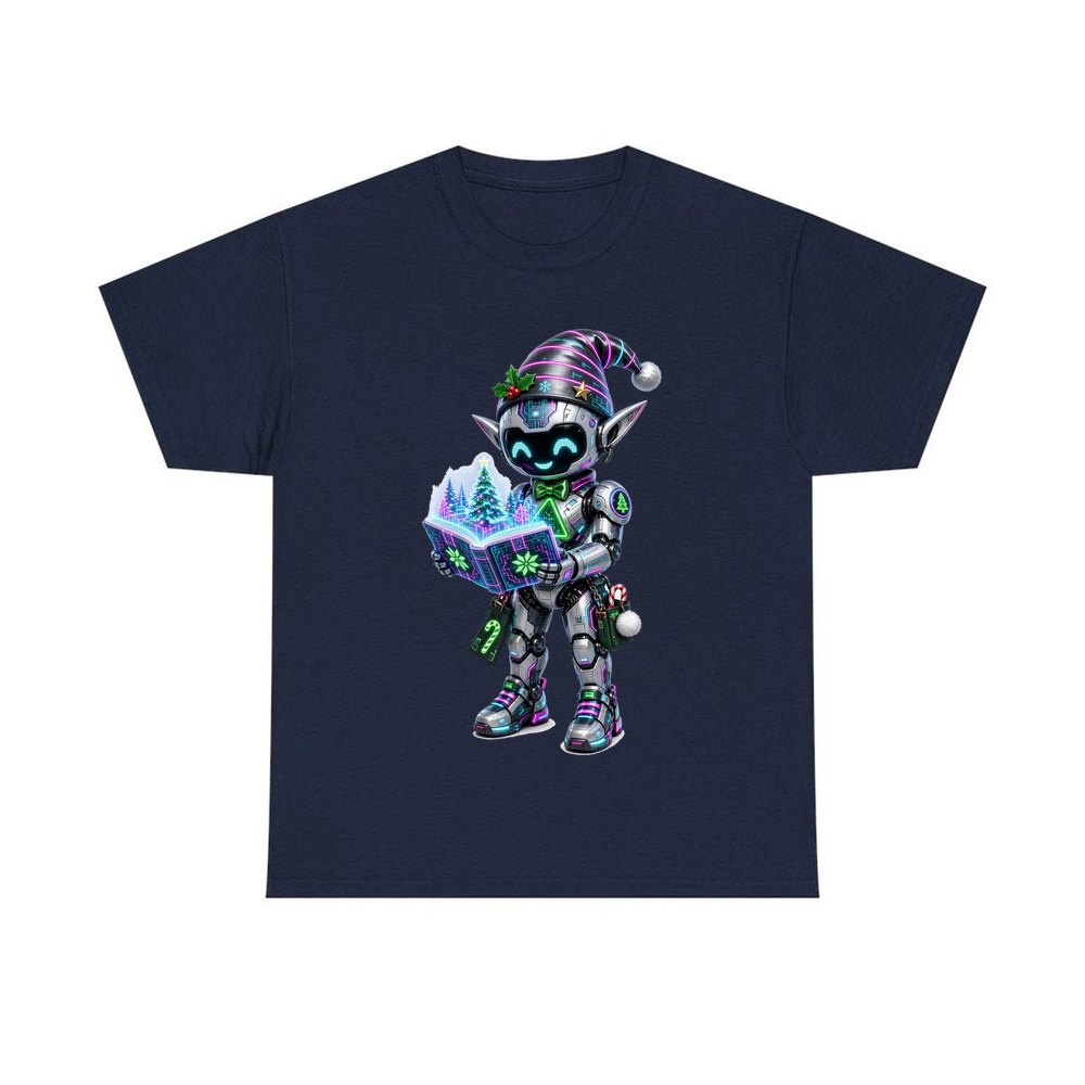 Robot Elf Story Time personalised Christmas T-shirt in navy