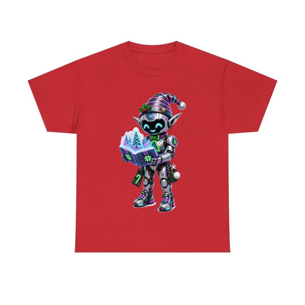 Robot Elf Story Time personalised Christmas T-shirt in red