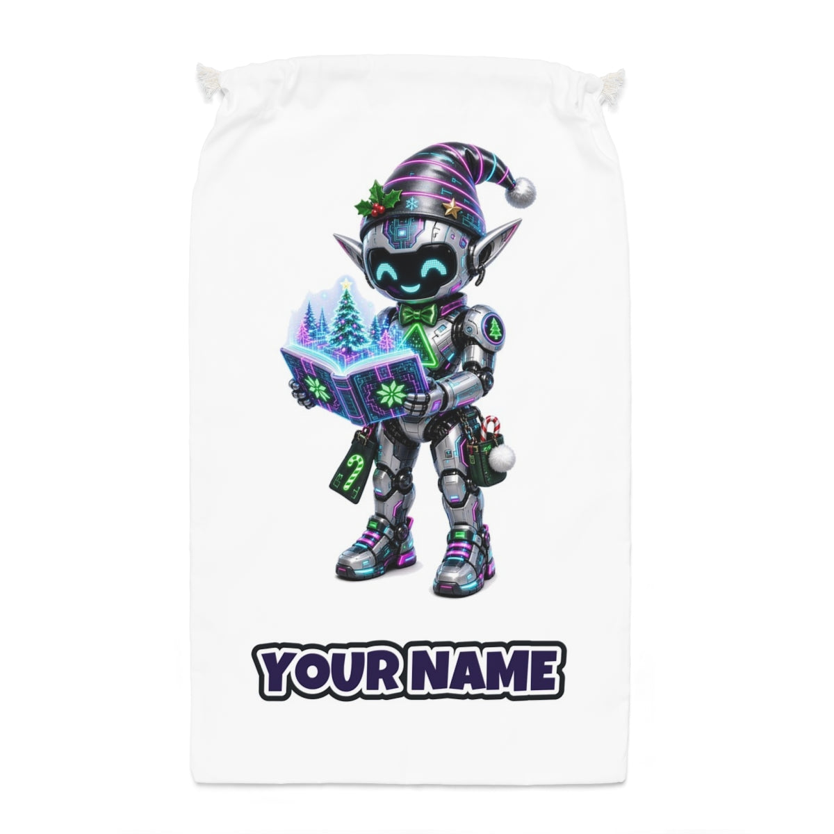 Robot Elf Story Time Santa sack laid flat, showing the full print