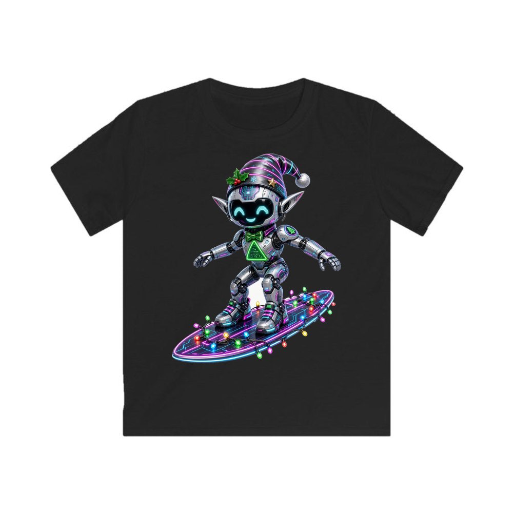 Robot Elf Surfing personalised kids Christmas tee in black