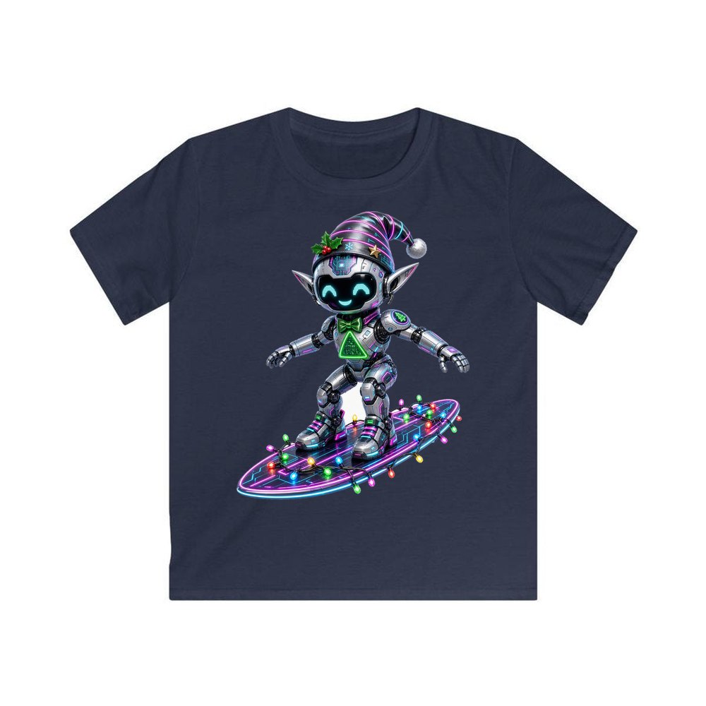 Robot Elf Surfing personalised kids Christmas tee in navy