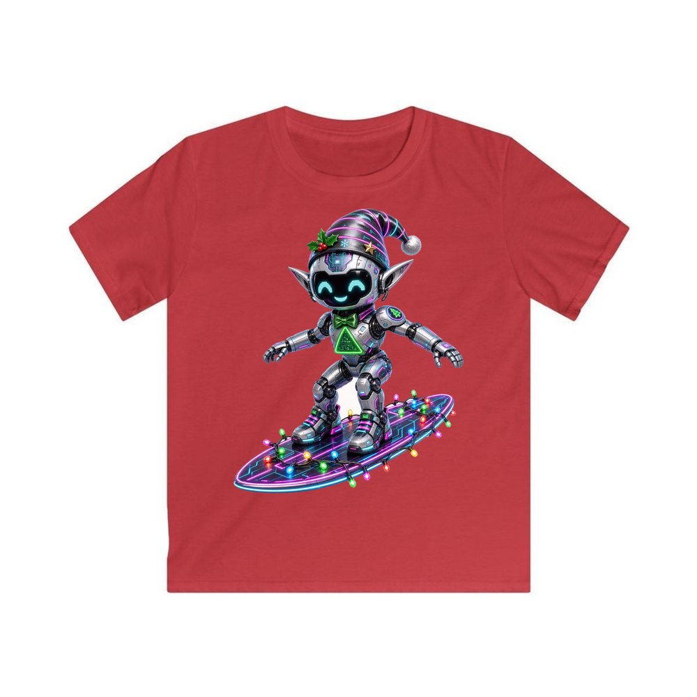 Robot Elf Surfing personalised kids Christmas tee in red