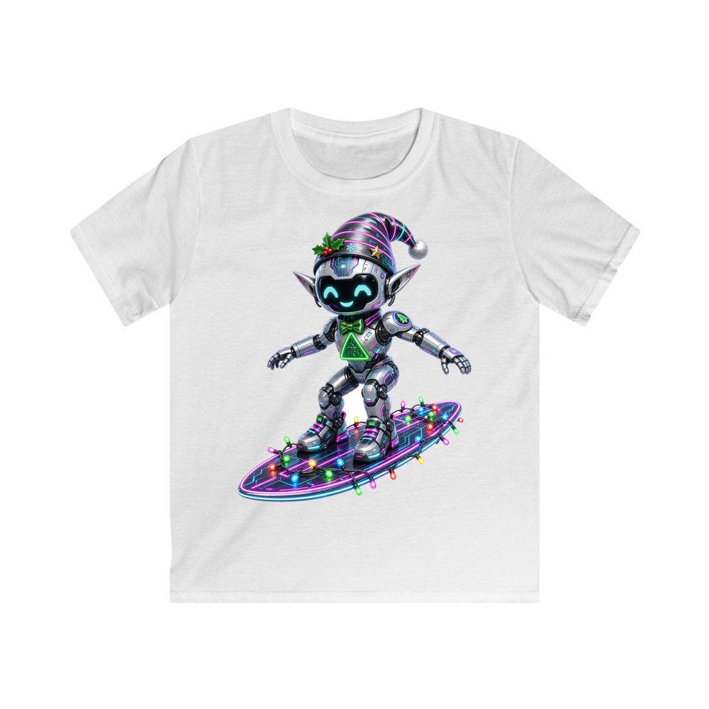 Robot Elf Surfing personalised kids Christmas tee in white