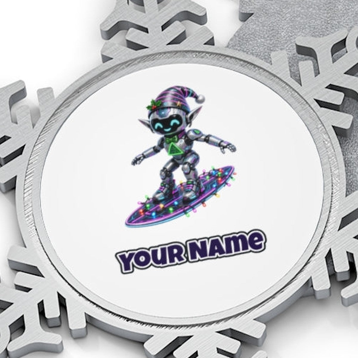 Robot Elf Surfing Personalised Pewter Christmas Ornament