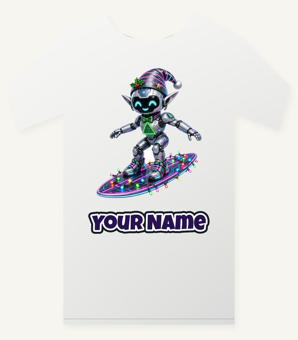 Robot Elf Surfing Personalised Christmas T-Shirt and Hoodie