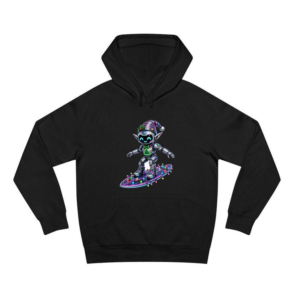 Robot Elf Surfing personalised Christmas hoodie in black