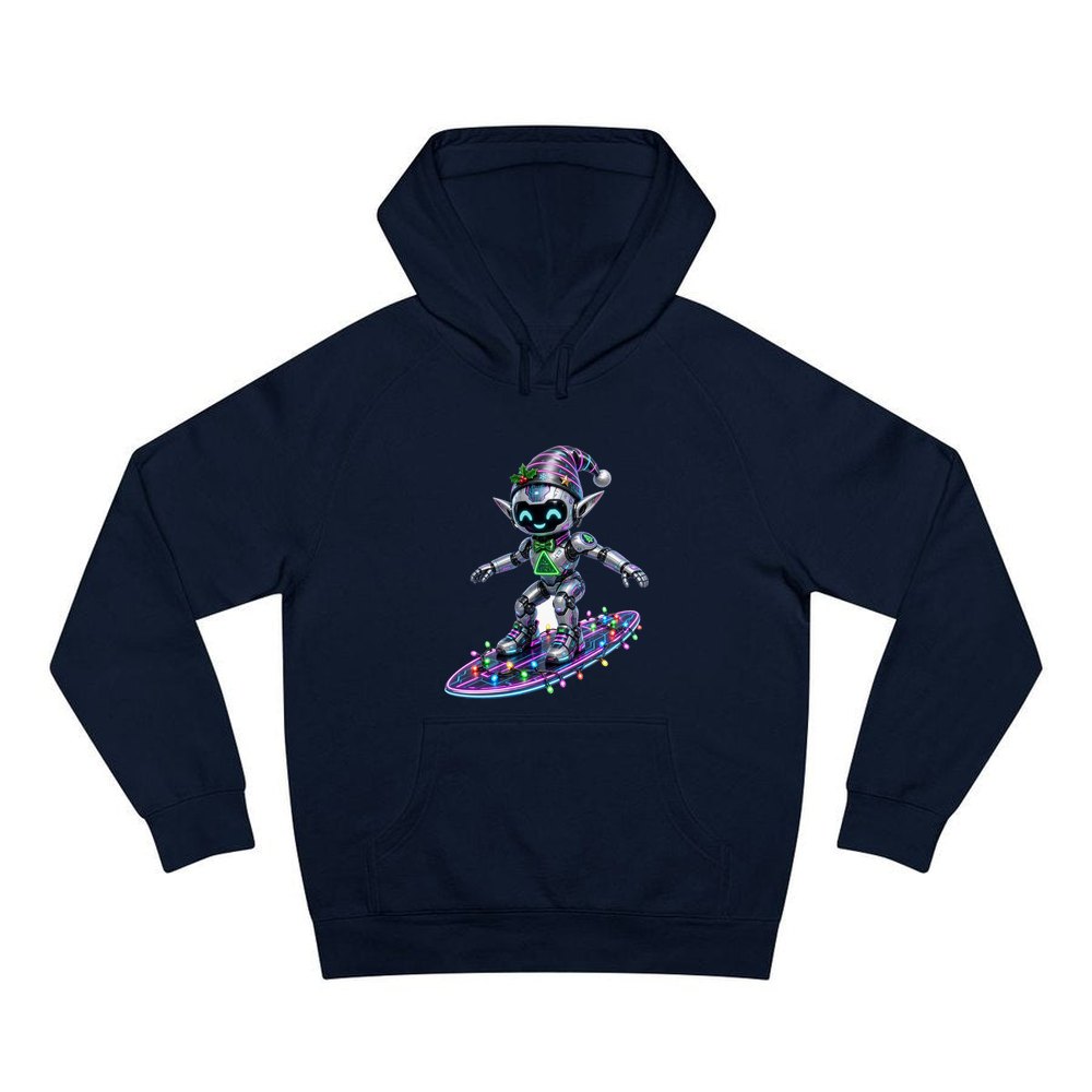 Robot Elf Surfing personalised Christmas hoodie in navy